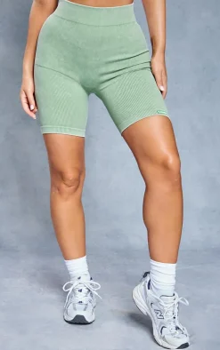 Khaki Acid Wash Seamless Rib Ruched Bum Booty Shorts
