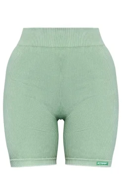 Khaki Acid Wash Seamless Rib Ruched Bum Booty Shorts