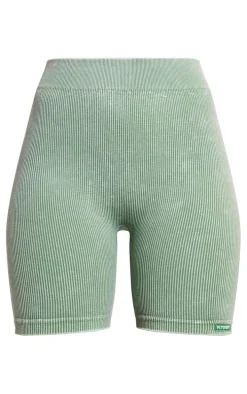 Khaki Acid Wash Seamless Rib Ruched Bum Booty Shorts