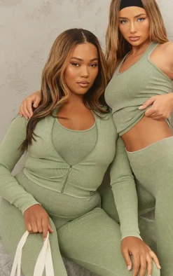 Khaki Acid Wash Seamless Rib Flare Yoga Pants