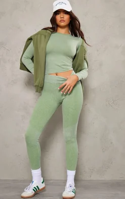 Khaki Acid Wash Seamless Long Sleeve Top