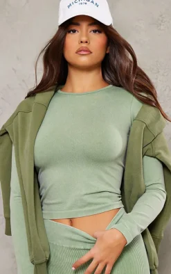 Khaki Acid Wash Seamless Long Sleeve Top