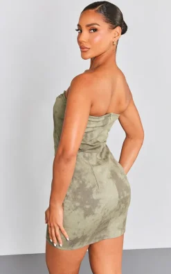 Khaki Acid Wash Twill Binded Bandeau Bodycon Dress
