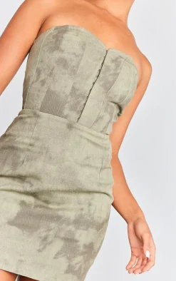 Khaki Acid Wash Twill Binded Bandeau Bodycon Dress