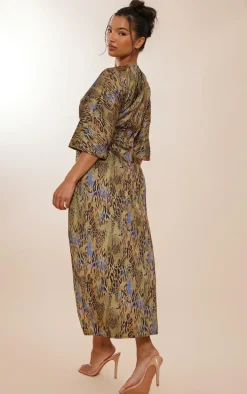 Khaki Animal Print Satin Batwing Plunge Split Midaxi Dress