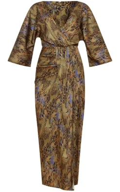 Khaki Animal Print Satin Batwing Plunge Split Midaxi Dress