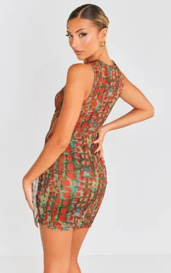 Khaki Animal Print Sheer Mesh Tie Up Bodycon Dress
