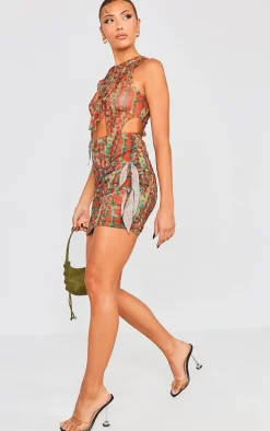 Khaki Animal Print Sheer Mesh Tie Up Bodycon Dress