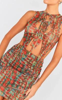 Khaki Animal Print Sheer Mesh Tie Up Bodycon Dress