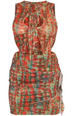 Khaki Animal Print Sheer Mesh Tie Up Bodycon Dress