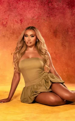 Khaki Bandeau Boned Puffball Mini Dress