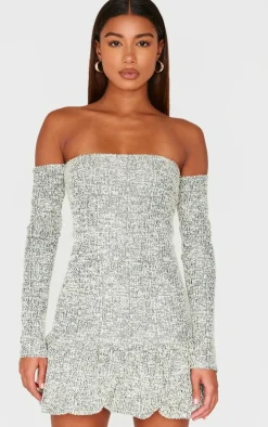 Khaki Bardot Boucle Puffball Mini Dress