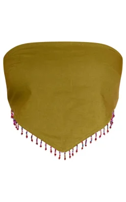 Khaki Beaded Tassel Hankey Hem Top