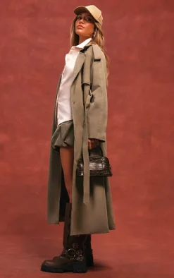 Khaki Belted Double Breasted Trench Coat