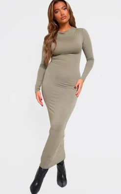 Khaki Boat Neck Split Maxi Dress