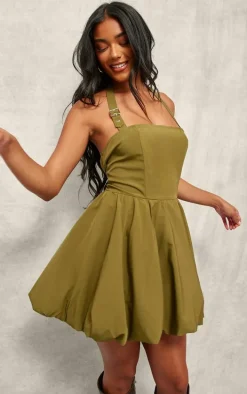 Khaki Buckle Detail Halterneck Puffball Mini Dress