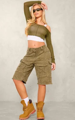 Khaki Burnout Mesh Rib Overlay Crop Top