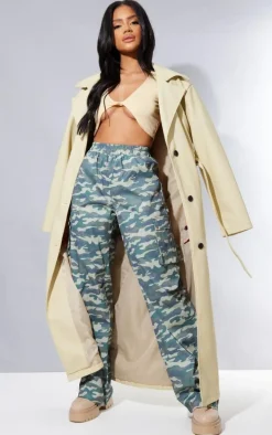 Khaki Camo Print Wide Leg Cargo Pants