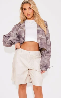 Khaki Camo Tie Detail Ruched Sleeve Oversized Jacket