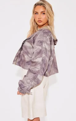 Khaki Camo Tie Detail Ruched Sleeve Oversized Jacket
