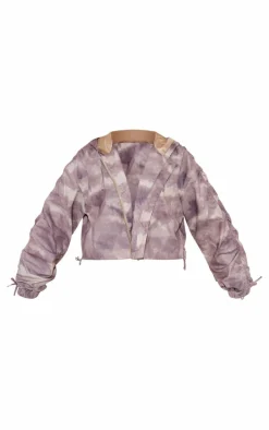 Khaki Camo Tie Detail Ruched Sleeve Oversized Jacket