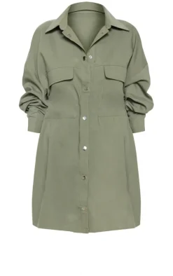 Khaki Cargo Oversized Popper Front Shirt Dress