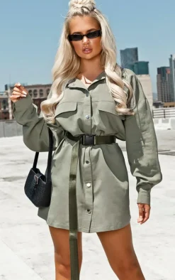 Khaki Cargo Oversized Popper Front Shirt Dress