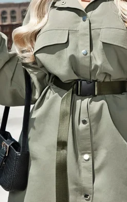 Khaki Cargo Oversized Popper Front Shirt Dress