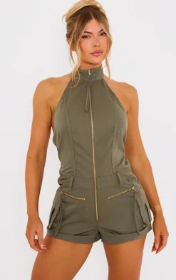 Khaki Cargo Pocket Detail Halter Neck Romper