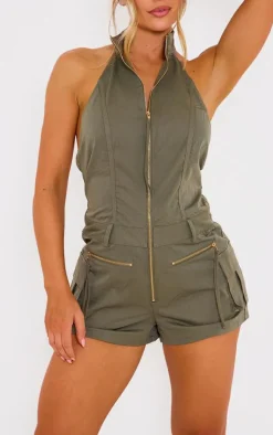 Khaki Cargo Pocket Detail Halter Neck Romper