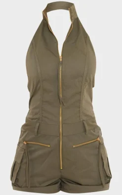 Khaki Cargo Pocket Detail Halter Neck Romper