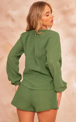 Khaki Cheesecloth Tie Front Shirt