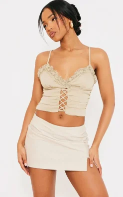 Khaki Chiffon Lace Trim Cami Top