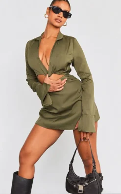 Khaki Collar Detail Cut Out Flare Sleeve Shift Dress