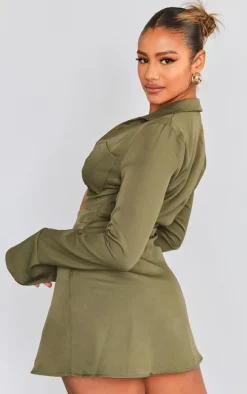 Khaki Collar Detail Cut Out Flare Sleeve Shift Dress