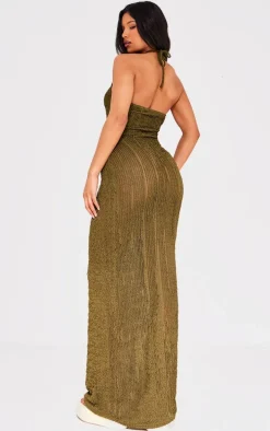 Khaki Corsage Detail Halterneck Maxi Dress