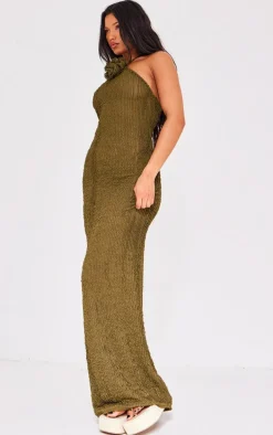 Khaki Corsage Detail Halterneck Maxi Dress