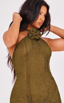 Khaki Corsage Detail Halterneck Maxi Dress