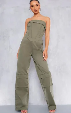 Khaki Corset Detail Utility Flared Bandeau Jumpsuit