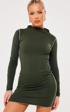 Khaki Cotton Contrast Seam Long Sleeve Bodycon Dress