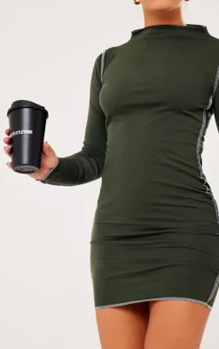 Khaki Cotton Contrast Seam Long Sleeve Bodycon Dress
