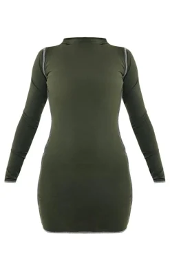 Khaki Cotton Contrast Seam Long Sleeve Bodycon Dress