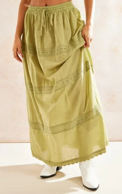 Khaki Cotton Lace Detail Maxi Skirt