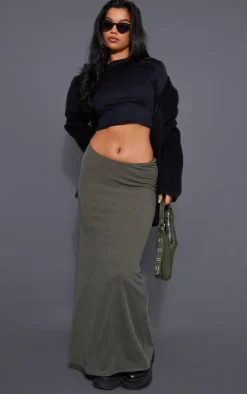 Khaki Crinkle Rib Curved Waist Maxi Skirt