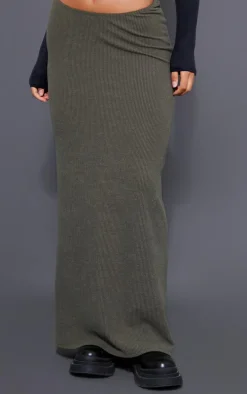 Khaki Crinkle Rib Curved Waist Maxi Skirt