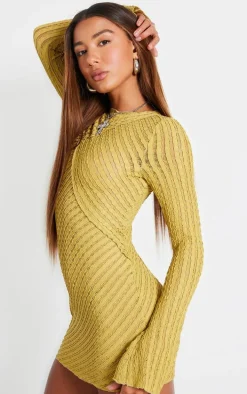 Khaki Crinkle Texture Long Sleeve Bodycon Dress