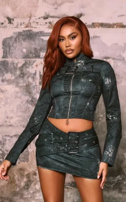 Khaki Croc Print Buckle Detail Mini Skirt