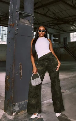 Khaki Croc Print Cargo Wide Leg Pants