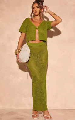 Khaki Crochet Floral Knit Maxi Skirt