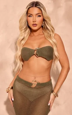 Khaki Crochet Gold Trim Bandeau Beach Top